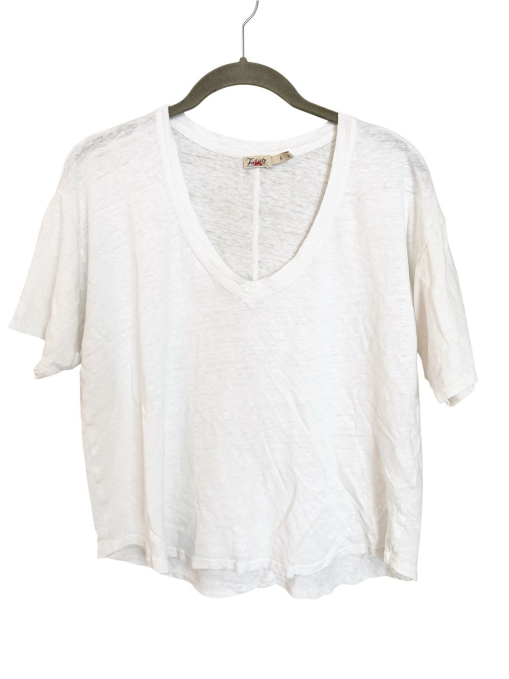 Faherty White V-Neck Short Sleeve Tee Size Small 100% Linen Boxy Oversized